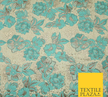 Cream Aqua Blue Floral Metallic Gold Speckle Spray Textured Brocade Fabric 7165