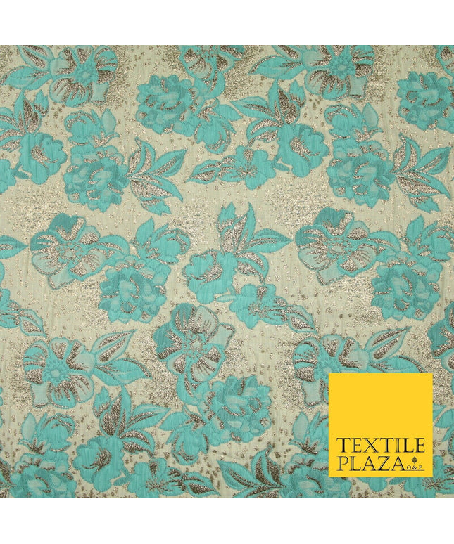 Cream Aqua Blue Floral Metallic Gold Speckle Spray Textured Brocade Fabric 7165