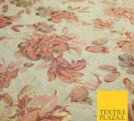 Cream Large Salmon Pink Flowers Creased Metallic Textured Brocade Fabric 7166