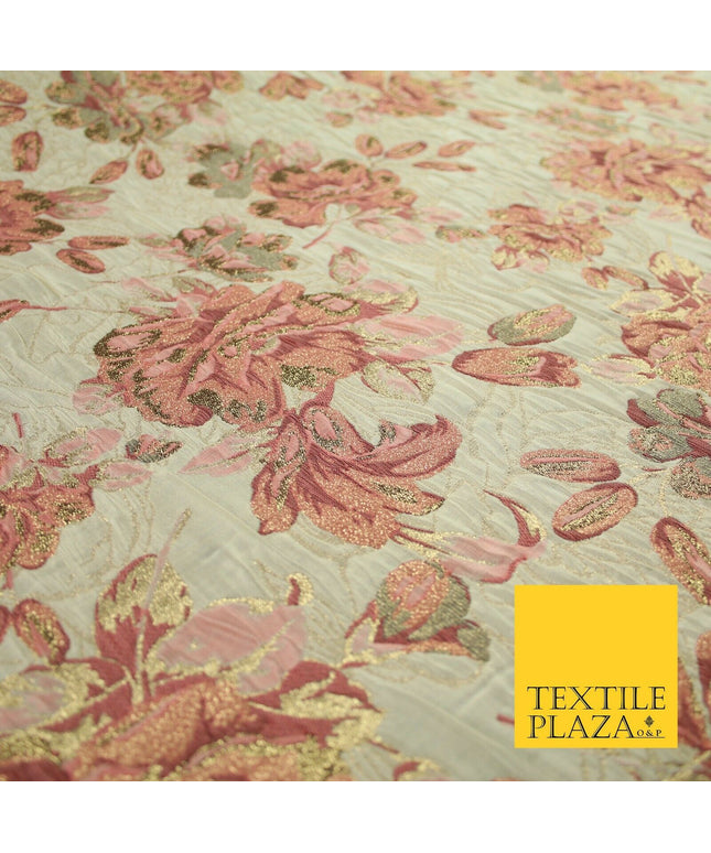 Cream Large Salmon Pink Flowers Creased Metallic Textured Brocade Fabric 7166