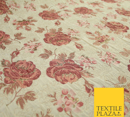 Cream Dusty Pink Falling Carnation Roses Metallic Textured Brocade Fabric 7164