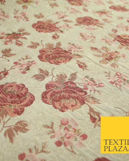 Cream Dusty Pink Falling Carnation Roses Metallic Textured Brocade Fabric 7164