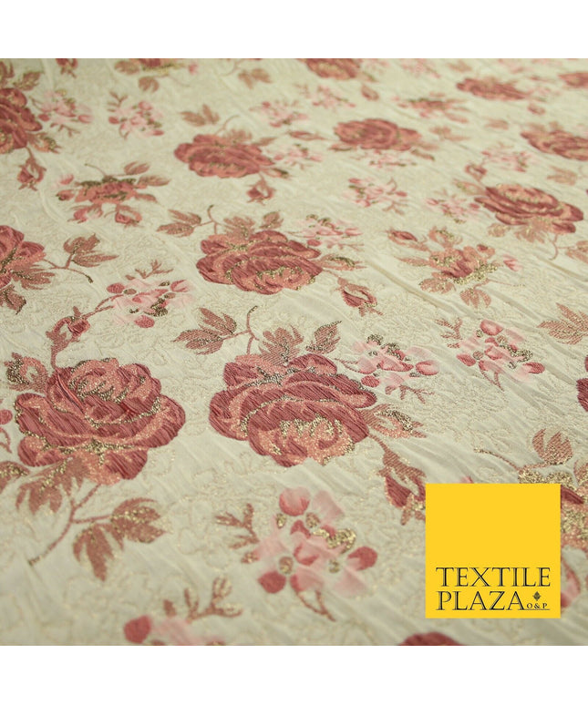 Cream Dusty Pink Falling Carnation Roses Metallic Textured Brocade Fabric 7164