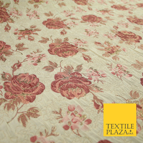 Cream Dusty Pink Falling Carnation Roses Metallic Textured Brocade Fabric 7164