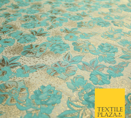 Cream Aqua Blue Floral Metallic Gold Speckle Spray Textured Brocade Fabric 7165