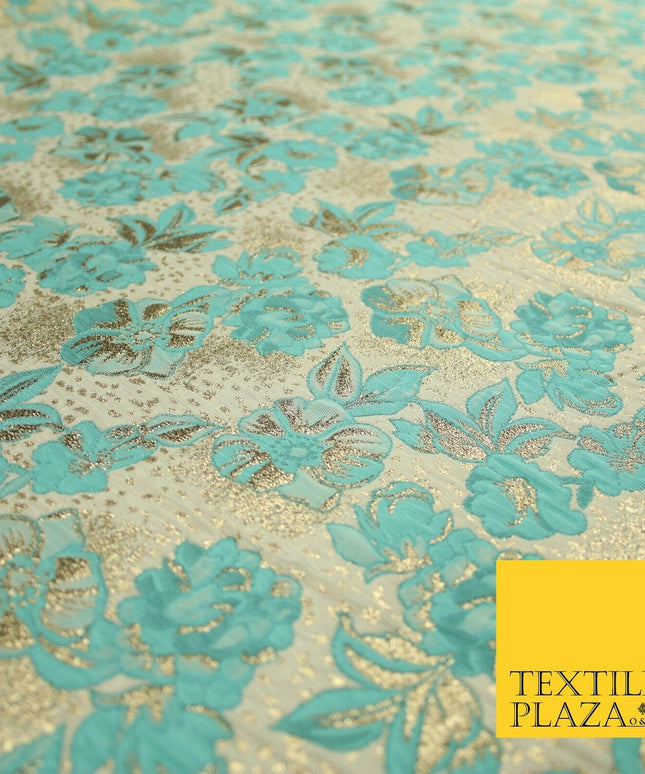 Cream Aqua Blue Floral Metallic Gold Speckle Spray Textured Brocade Fabric 7165