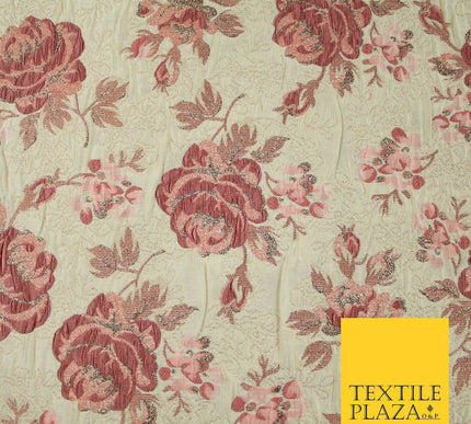 Cream Dusty Pink Falling Carnation Roses Metallic Textured Brocade Fabric 7164