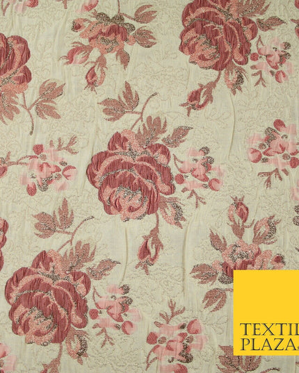 Cream Dusty Pink Falling Carnation Roses Metallic Textured Brocade Fabric 7164