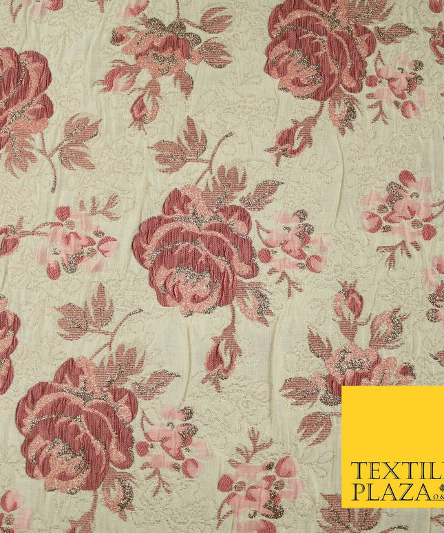 Cream Dusty Pink Falling Carnation Roses Metallic Textured Brocade Fabric 7164