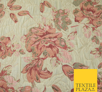 Cream Large Salmon Pink Flowers Creased Metallic Textured Brocade Fabric 7166