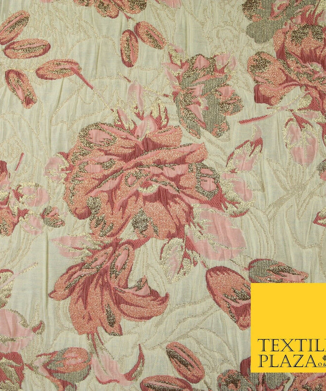 Cream Large Salmon Pink Flowers Creased Metallic Textured Brocade Fabric 7166