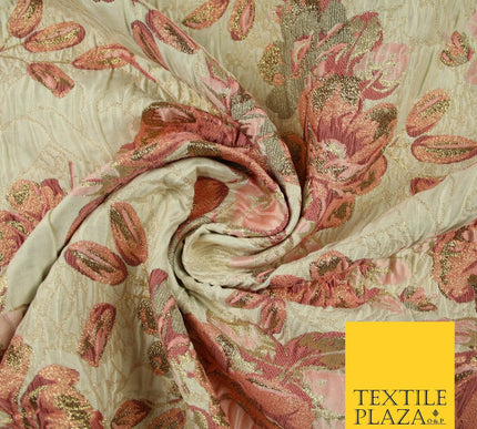 Cream Large Salmon Pink Flowers Creased Metallic Textured Brocade Fabric 7166