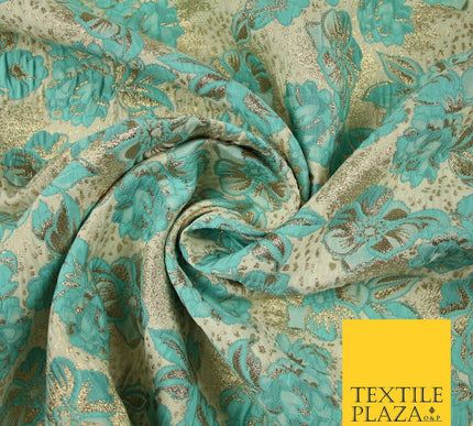 Cream Aqua Blue Floral Metallic Gold Speckle Spray Textured Brocade Fabric 7165