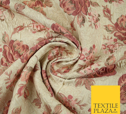 Cream Dusty Pink Falling Carnation Roses Metallic Textured Brocade Fabric 7164