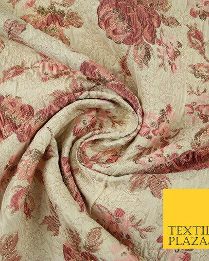 Cream Dusty Pink Falling Carnation Roses Metallic Textured Brocade Fabric 7164