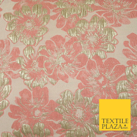 Pink Gold Large Creased Pansy Flowers Metallic Textured Brocade Fabric 7161