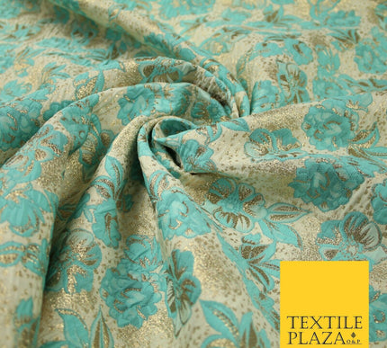 Cream Aqua Blue Floral Metallic Gold Speckle Spray Textured Brocade Fabric 7165