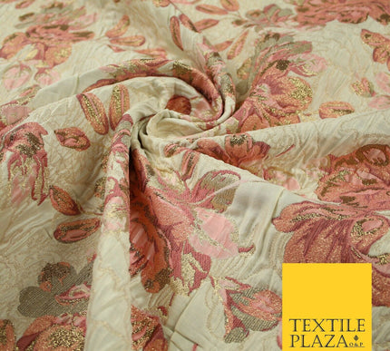 Cream Large Salmon Pink Flowers Creased Metallic Textured Brocade Fabric 7166