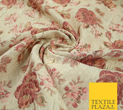 Cream Dusty Pink Falling Carnation Roses Metallic Textured Brocade Fabric 7164