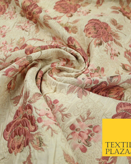 Cream Dusty Pink Falling Carnation Roses Metallic Textured Brocade Fabric 7164
