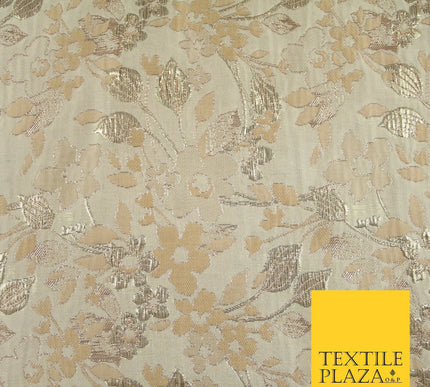 Cream with Pale Peach Floral Blossom Metallic Gold Textured Brocade Fabric 7160