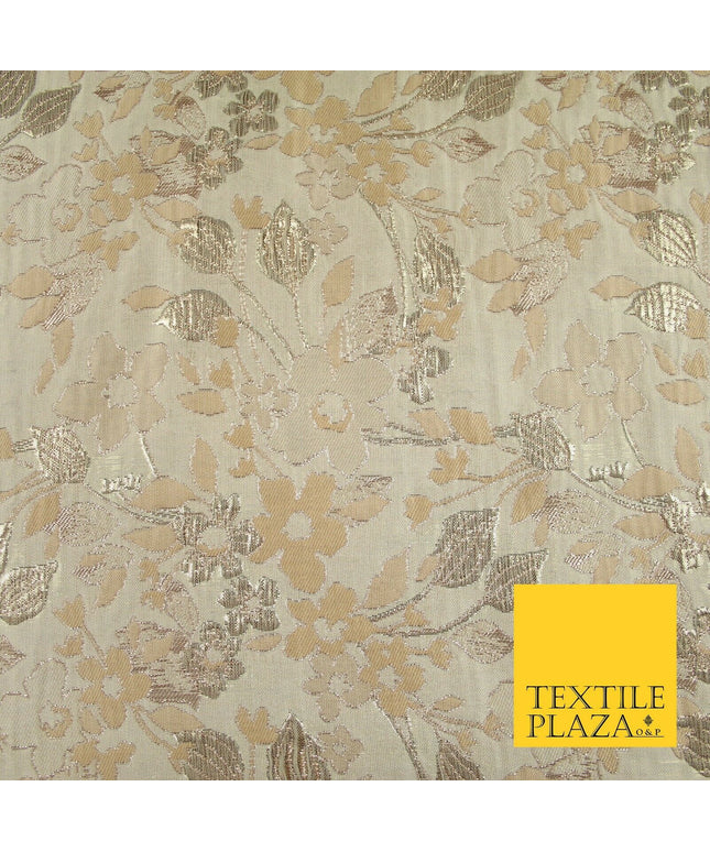 Cream with Pale Peach Floral Blossom Metallic Gold Textured Brocade Fabric 7160
