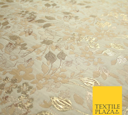Cream with Pale Peach Floral Blossom Metallic Gold Textured Brocade Fabric 7160