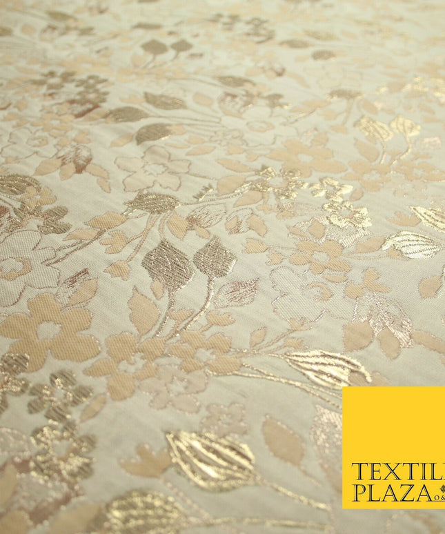 Cream with Pale Peach Floral Blossom Metallic Gold Textured Brocade Fabric 7160