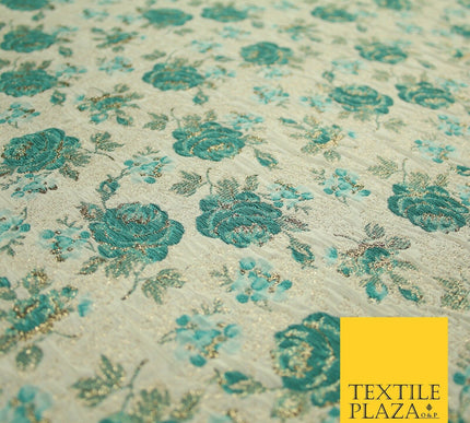 Cream Sea Green Rose Flowers Gold Metallic Speckle Textured Brocade Fabric 7163