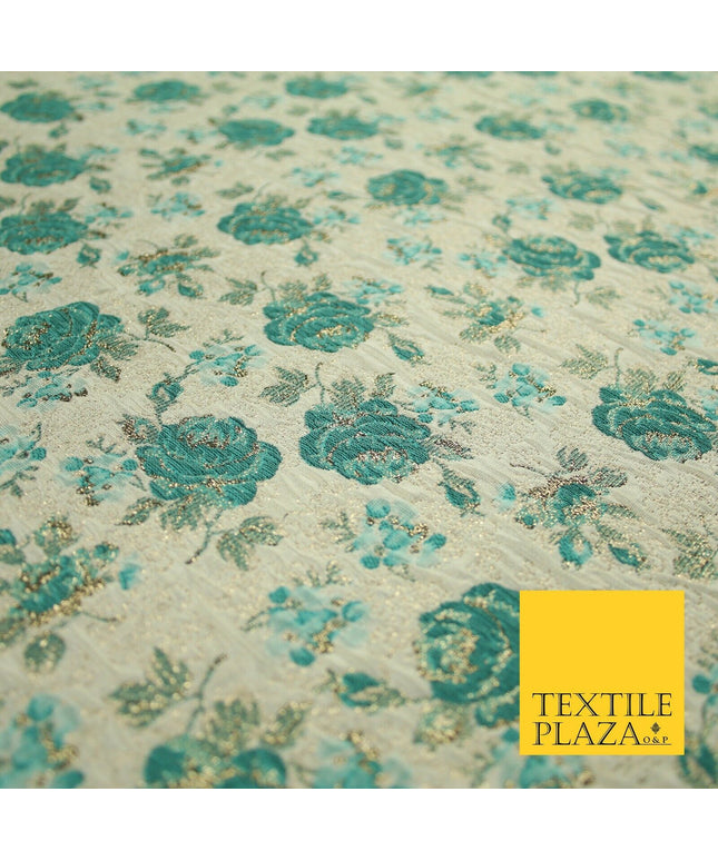 Cream Sea Green Rose Flowers Gold Metallic Speckle Textured Brocade Fabric 7163