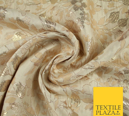 Cream with Pale Peach Floral Blossom Metallic Gold Textured Brocade Fabric 7160
