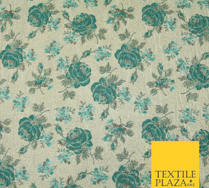 Cream Sea Green Rose Flowers Gold Metallic Speckle Textured Brocade Fabric 7163