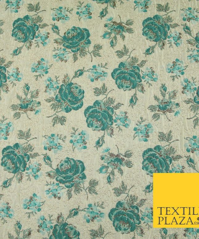Cream Sea Green Rose Flowers Gold Metallic Speckle Textured Brocade Fabric 7163