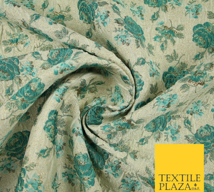Cream Sea Green Rose Flowers Gold Metallic Speckle Textured Brocade Fabric 7163