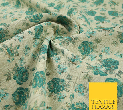 Cream Sea Green Rose Flowers Gold Metallic Speckle Textured Brocade Fabric 7163