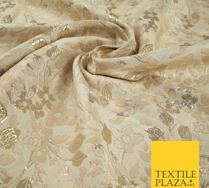 Cream with Pale Peach Floral Blossom Metallic Gold Textured Brocade Fabric 7160