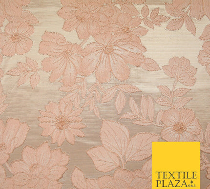 Peach Gold Floral Cluster Corded Metallic Textured Brocade Jacquard Fabric 7159