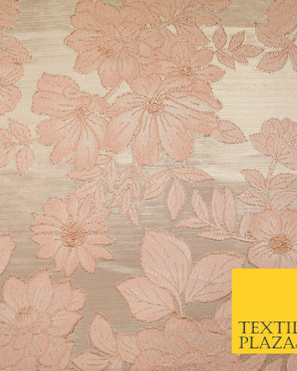 Peach Gold Floral Cluster Corded Metallic Textured Brocade Jacquard Fabric 7159