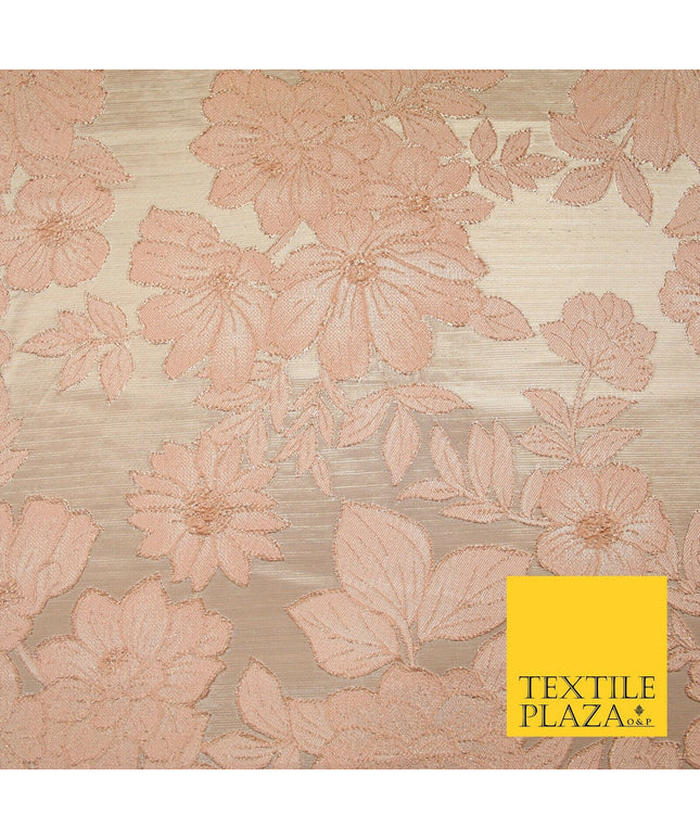Peach Gold Floral Cluster Corded Metallic Textured Brocade Jacquard Fabric 7159