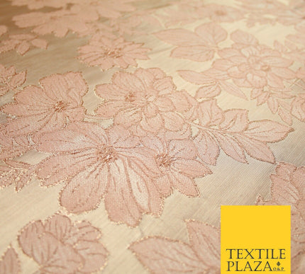 Peach Gold Floral Cluster Corded Metallic Textured Brocade Jacquard Fabric 7159