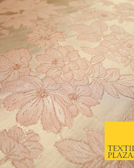 Peach Gold Floral Cluster Corded Metallic Textured Brocade Jacquard Fabric 7159