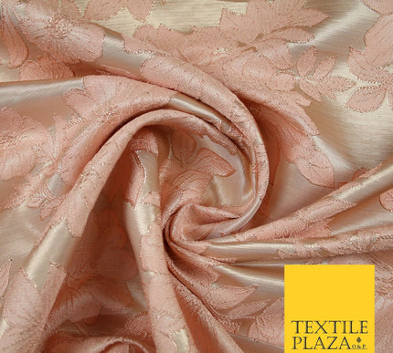 Peach Gold Floral Cluster Corded Metallic Textured Brocade Jacquard Fabric 7159