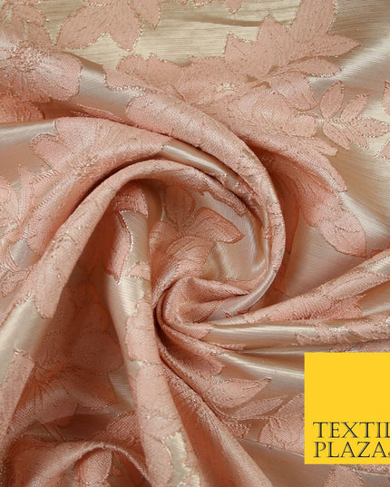 Peach Gold Floral Cluster Corded Metallic Textured Brocade Jacquard Fabric 7159