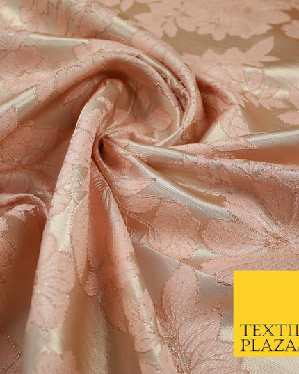 Peach Gold Floral Cluster Corded Metallic Textured Brocade Jacquard Fabric 7159