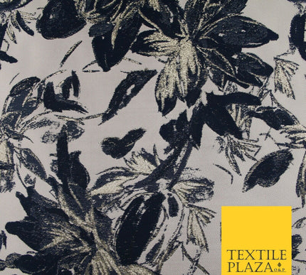 Navy Blue Blush Pink Large Floral Plant Metallic Textured Brocade Fabric 7152