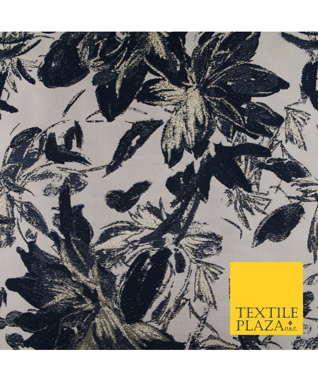 Navy Blue Blush Pink Large Floral Plant Metallic Textured Brocade Fabric 7152