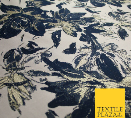 Navy Blue Blush Pink Large Floral Plant Metallic Textured Brocade Fabric 7152