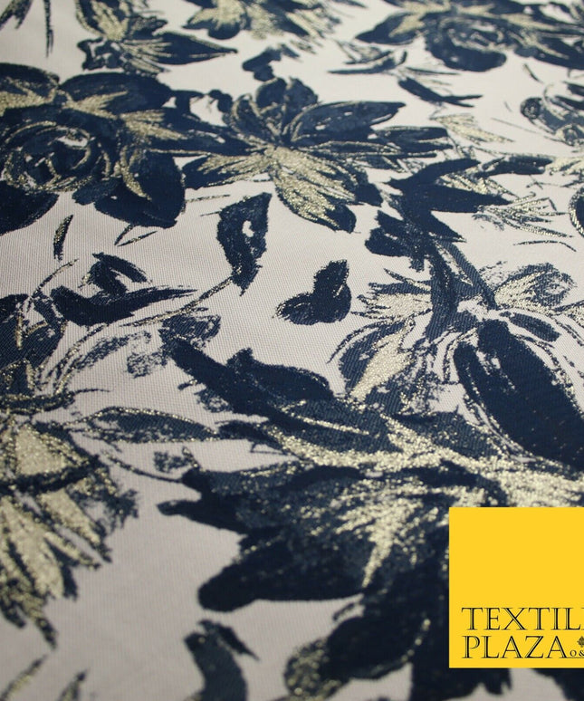 Navy Blue Blush Pink Large Floral Plant Metallic Textured Brocade Fabric 7152