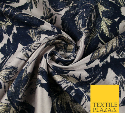 Navy Blue Blush Pink Large Floral Plant Metallic Textured Brocade Fabric 7152