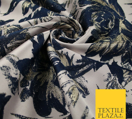 Navy Blue Blush Pink Large Floral Plant Metallic Textured Brocade Fabric 7152